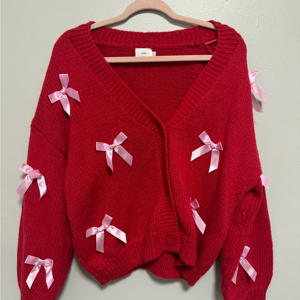 Luna Ivy Red Cardigan Sweater With Pink Bows